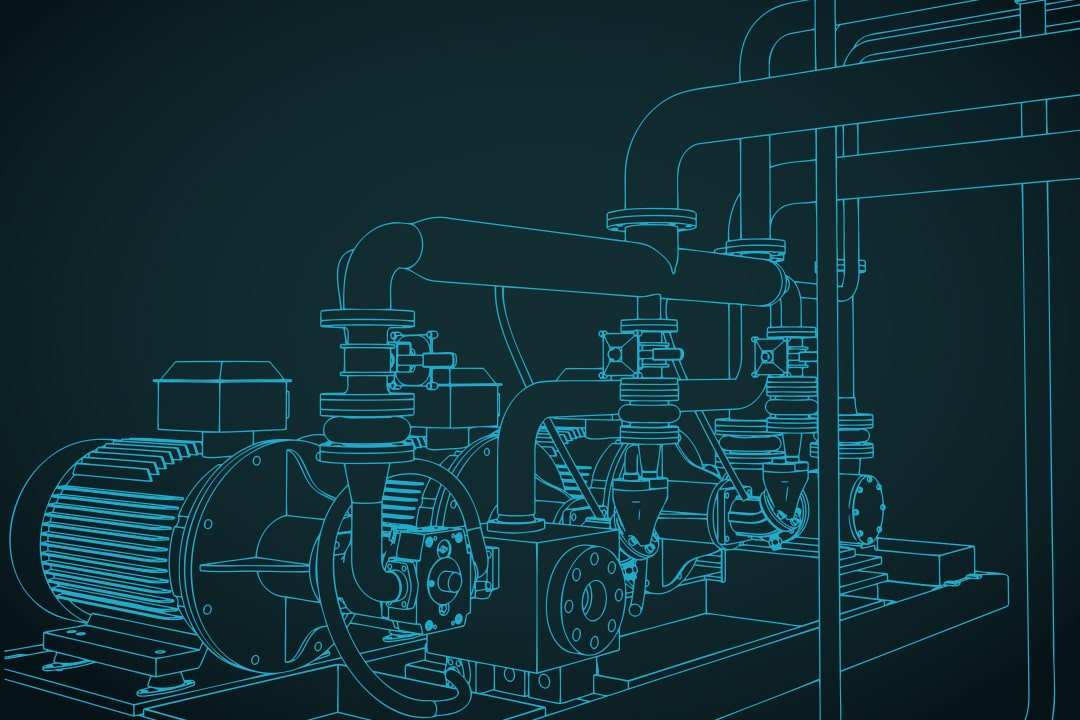 Cyan 3D wireframe model of industrial pumps and pipes.