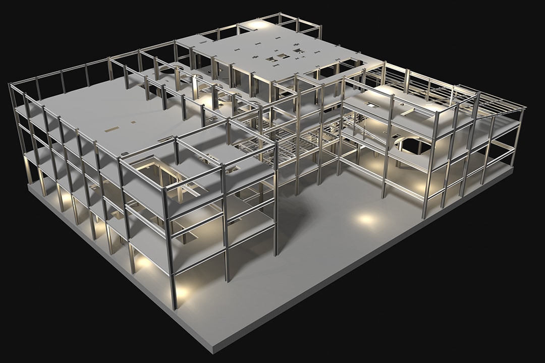 3D digital model of a building's steel structural frame.