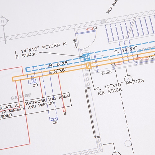 Close-up view of a detailed technical HVAC blueprint schematic.